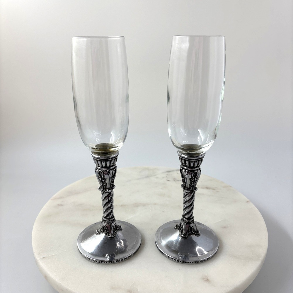 Set of 2 Brighton Celebration Champagne Flute Glass Silver Stemware Art Deco